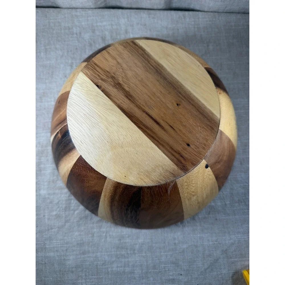 Wooden Serving Bowl Good Vintage Striped Inlay Round Large Fruit Salad Decor
